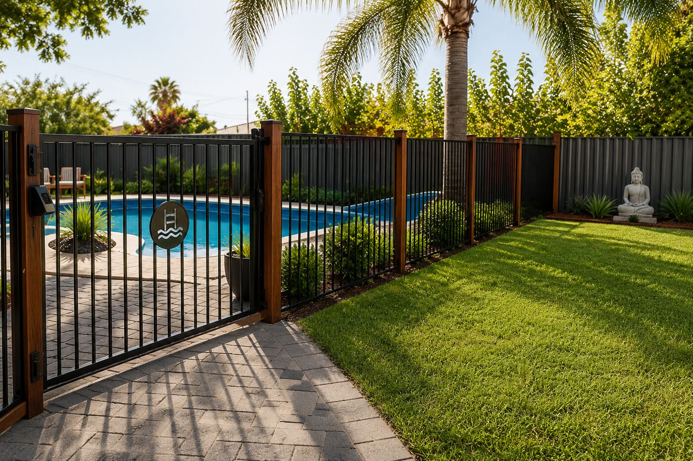 Compliant black aluminium pool gate and fence in a backyard