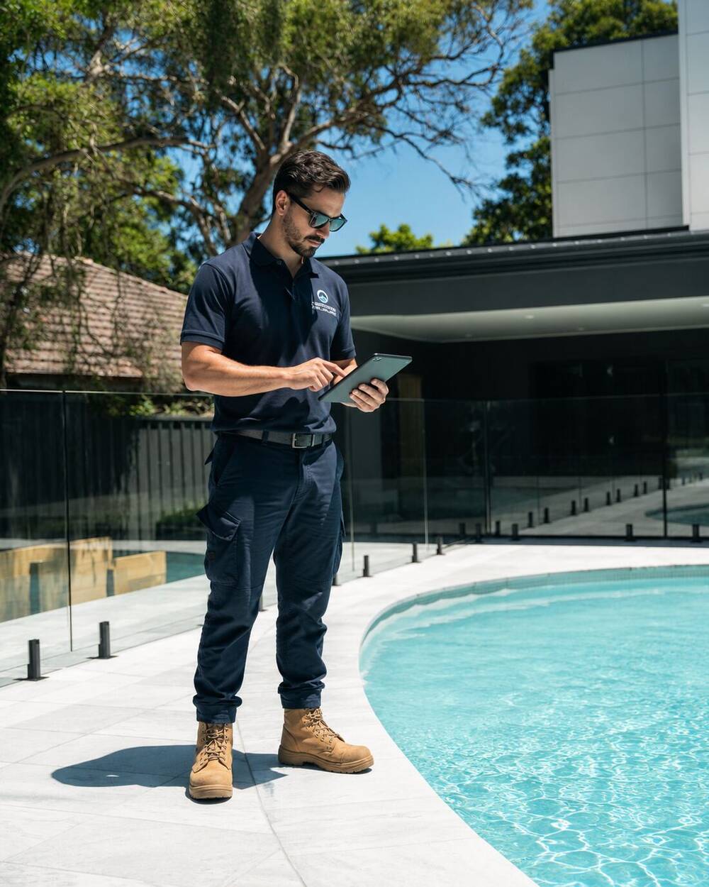 Pool safety inspector assessing a pool barrier