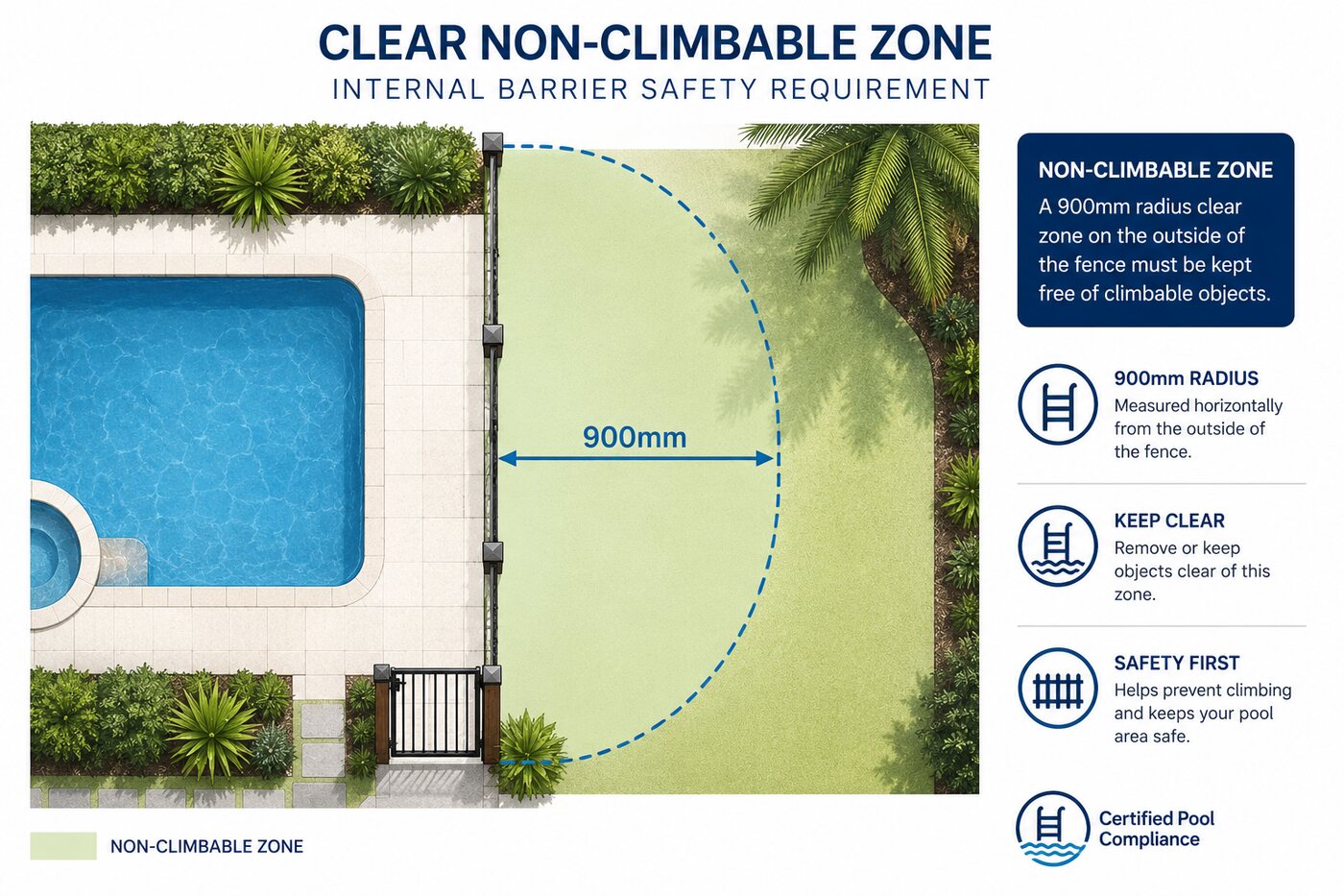 Diagram of the 900mm non-climbable zone measured from the outside of the pool fence