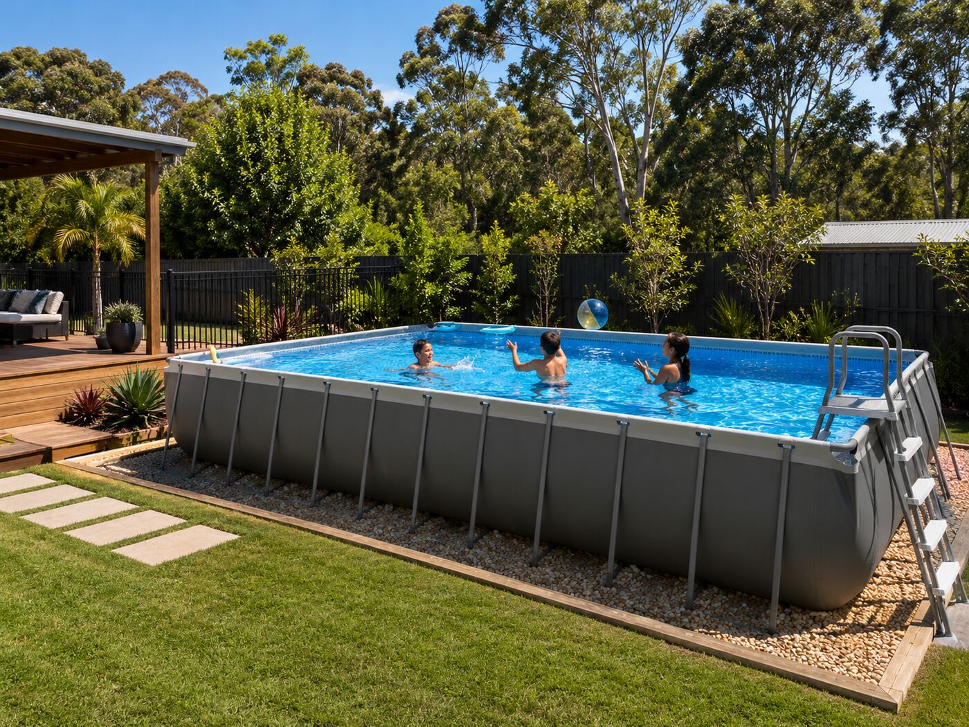 Children playing in a portable frame pool that requires safety fencing