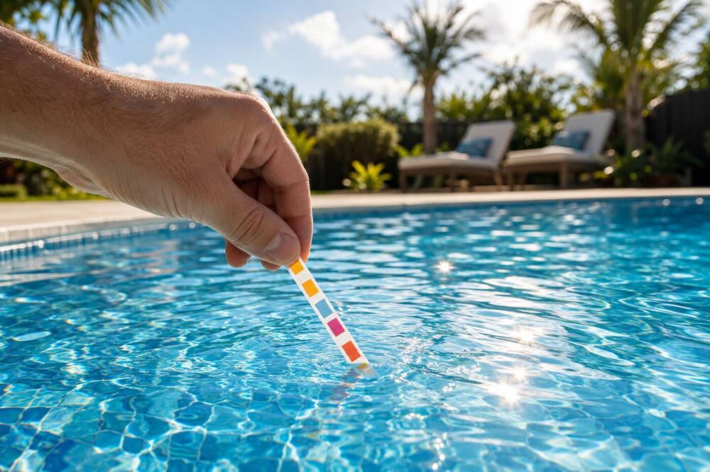 Clear, safe backyard swimming pool behind a compliant barrier