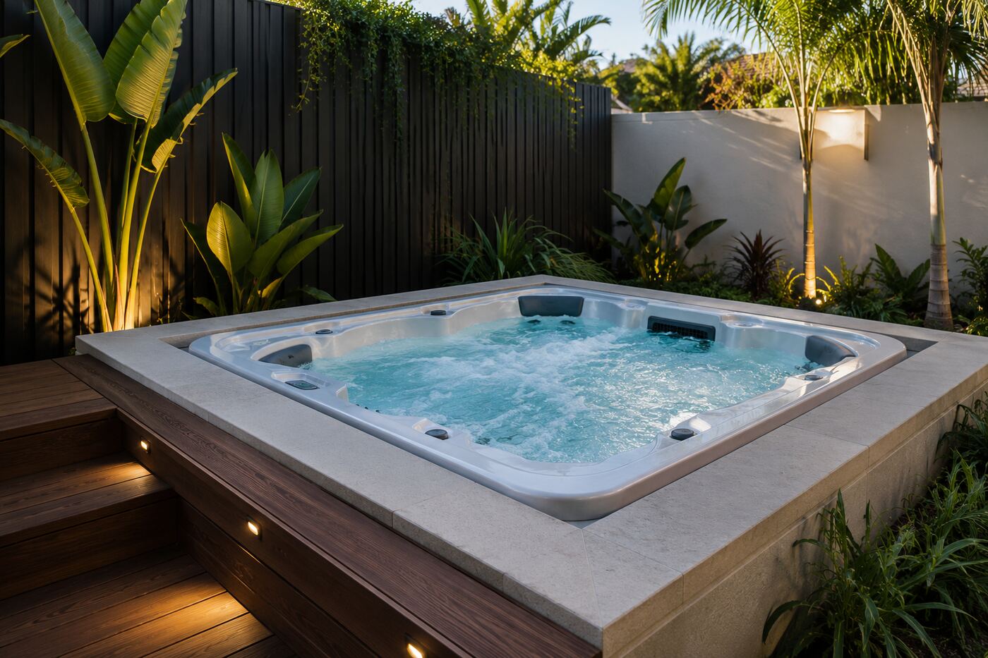 Backyard spa on a timber deck requiring a compliant barrier or lockable cover